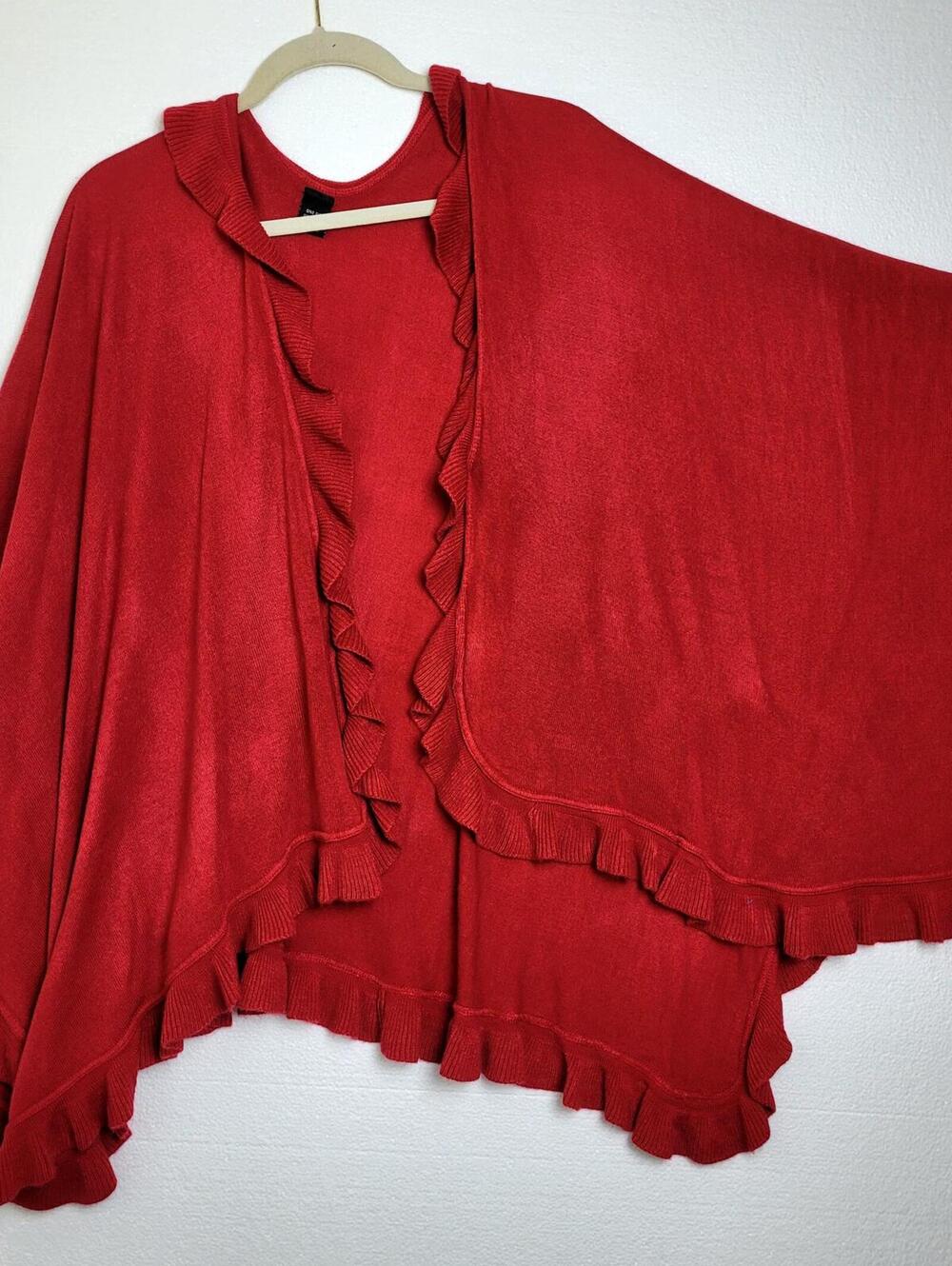 Red Knit Shawl Wrap with Ruffle - Picture 5 of 6